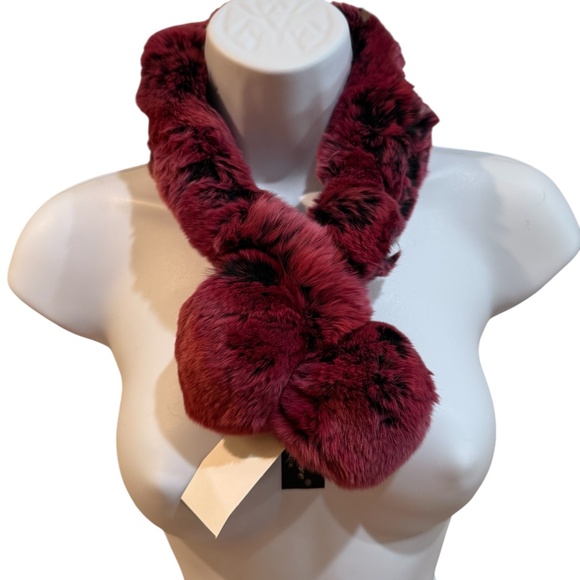 Belle Fare Accessories - Belle Fare Real Rabbit Fur Neck Scarf with Pom Poms-MAROONISH/BLACK